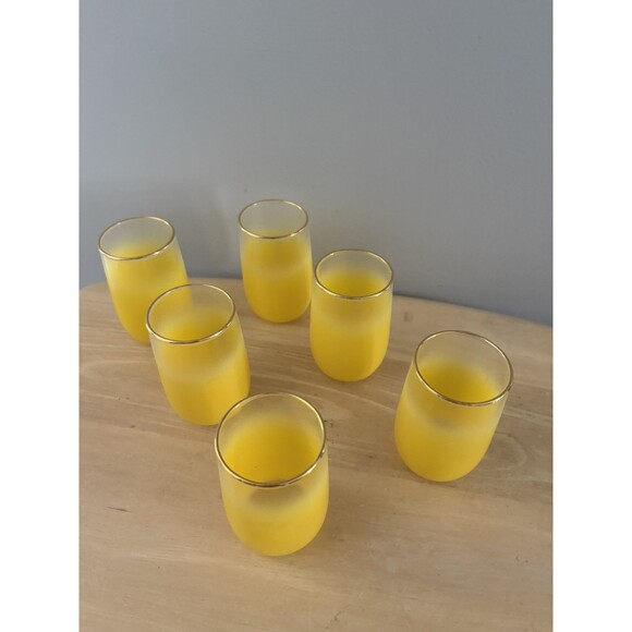 Vintage Blendo Frosted Yellow Gold Trim Juice Glasses West Virginia Lot of 6 MCM - Picture 7 of 10
